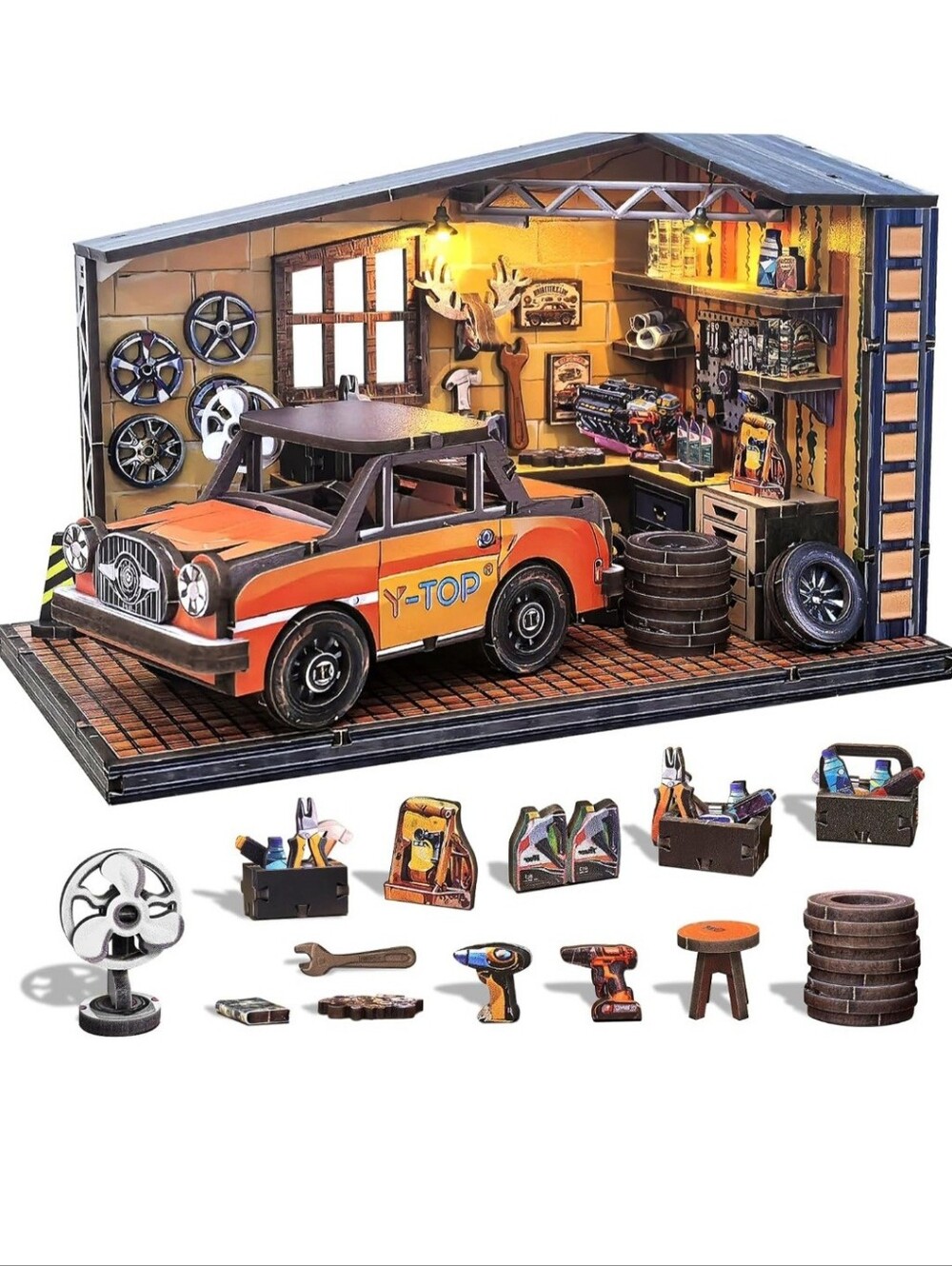 Book Nook Kit-DIY Miniature Wooden 3D Puzzle for Adults & Kids, LED, Car Depot
